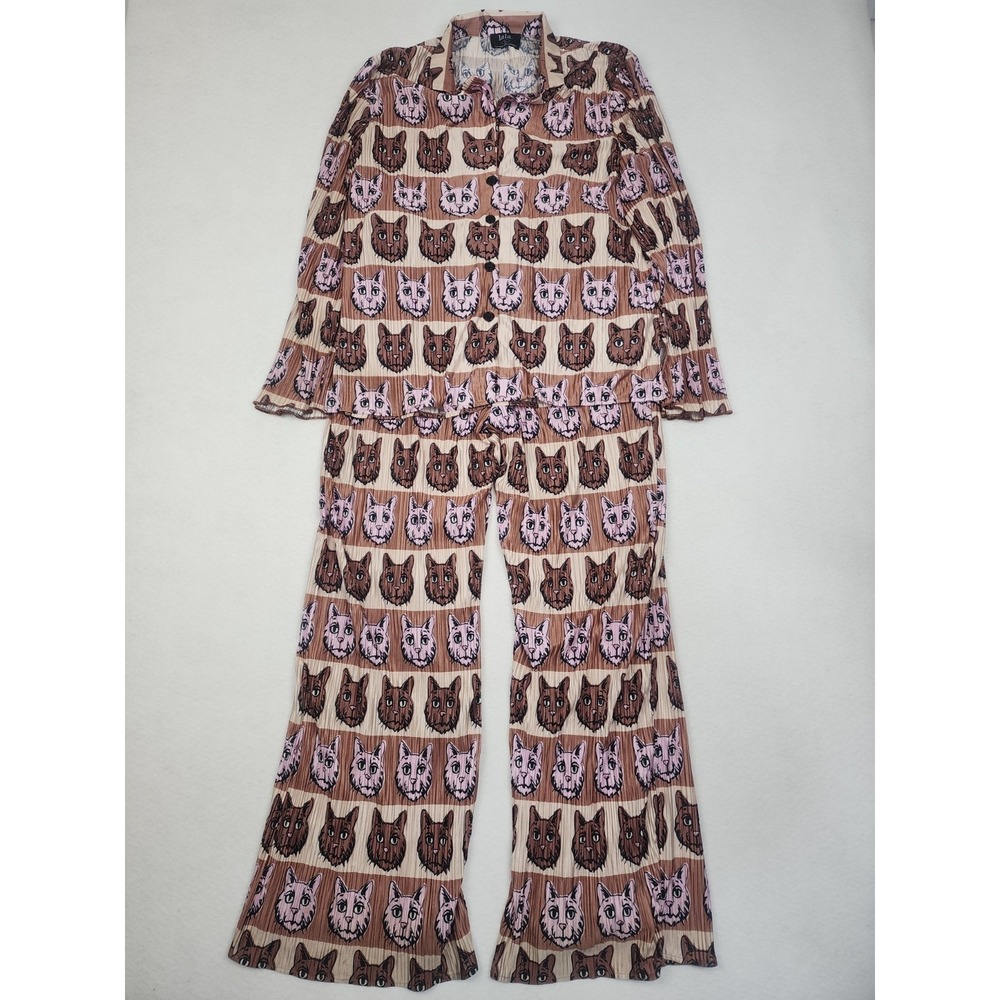 Dressed in Lala Cat Plisse 2 Piece Set Womens Medium Wide Leg Play Suit NICE!